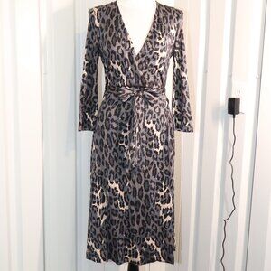 Diane Von Furstenberg Black and Gray Leopard Print Wrap Midi Dress